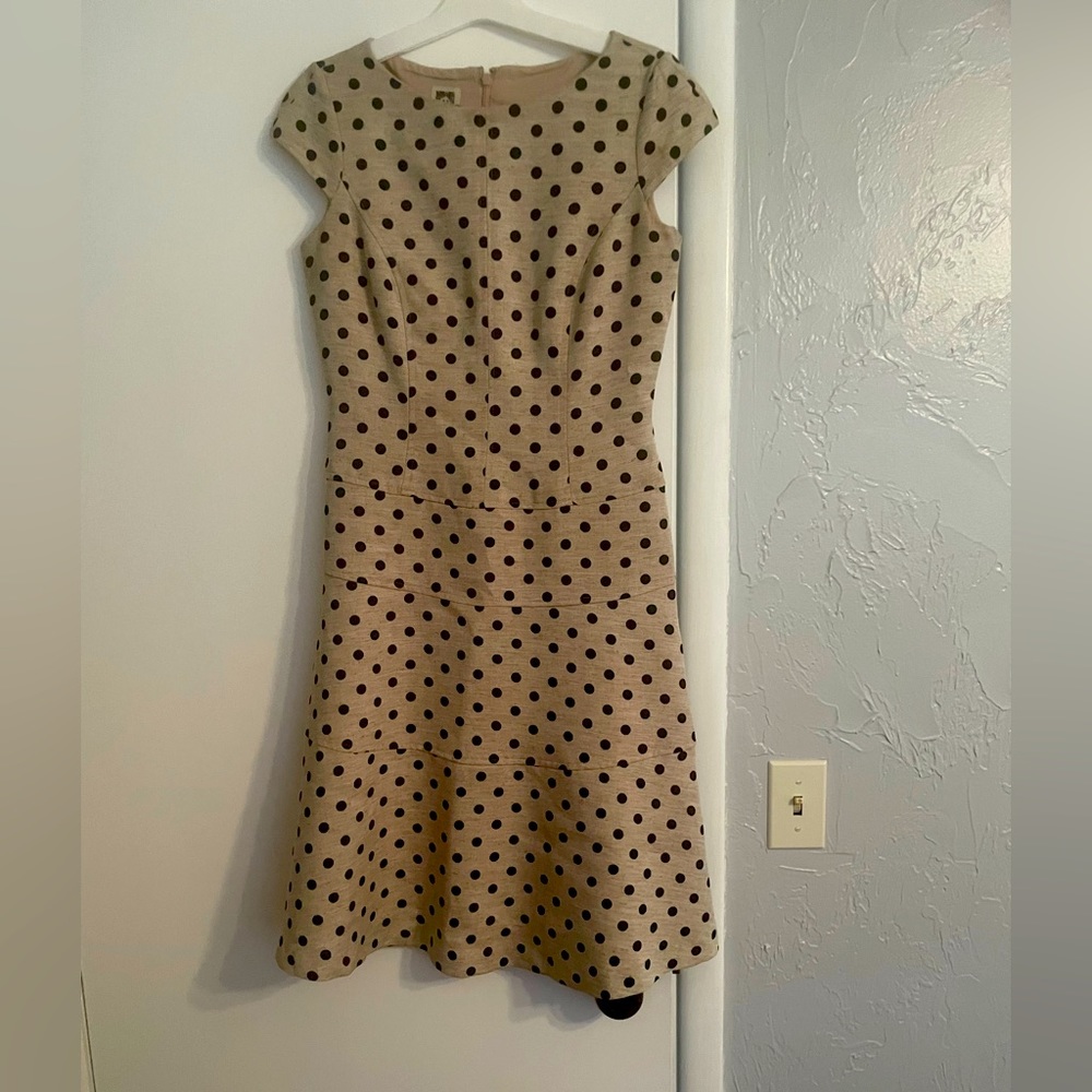 Anne Klein Beige Polka Dot Fit-and-Flare Dress